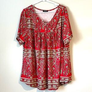 Folunsi Women Size 4X Top Red Multicolor Short Sleeve Shirt